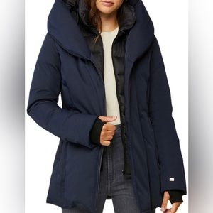 Soia & Kyo navy and black Annalisa asymmetrical zip jacket with bib and hood.